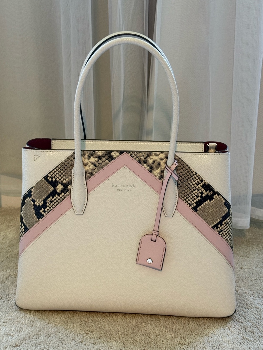 KATE SPADE  Rare White & Pink Leather Tote with Snake-Print Accent